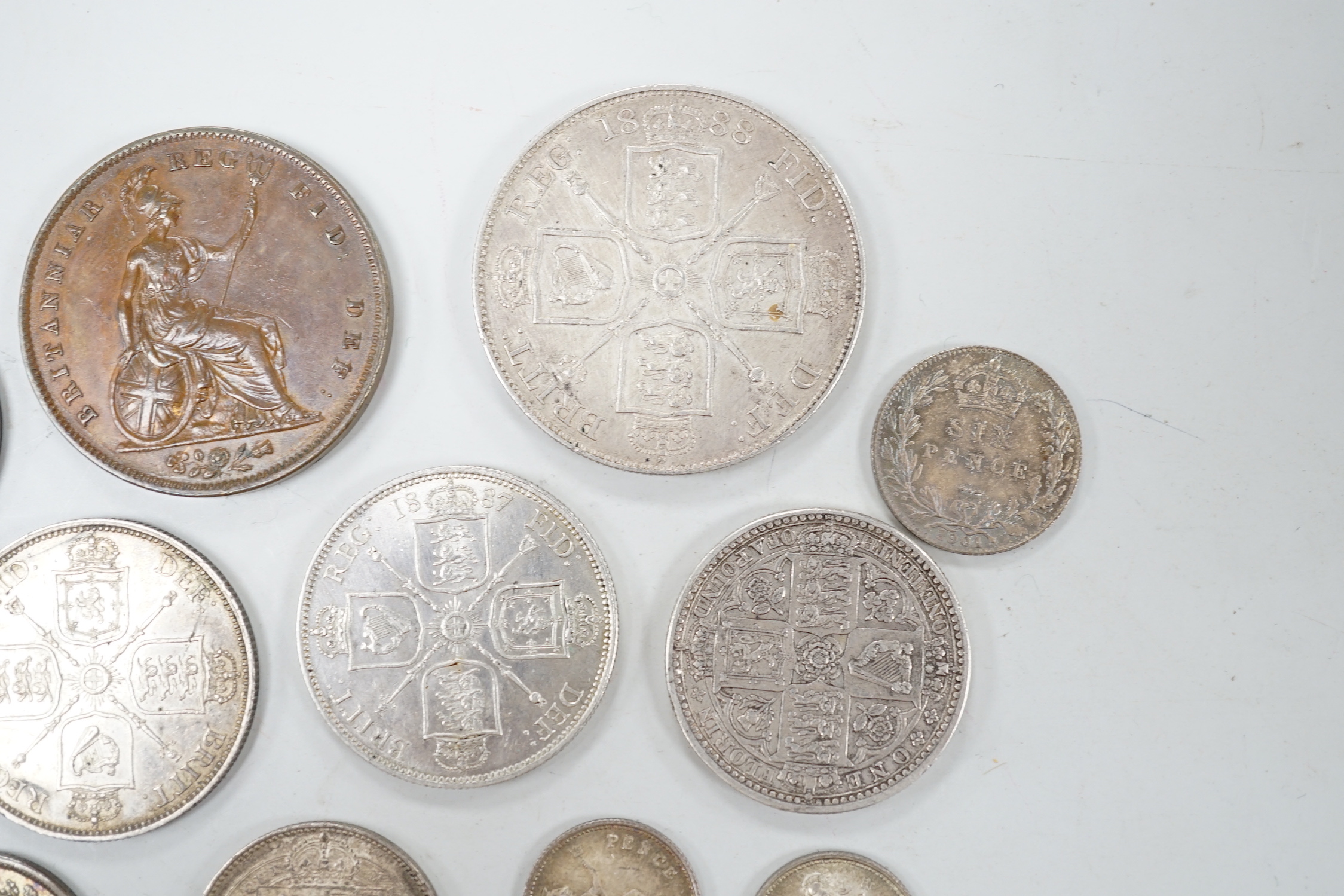 A Victoria double florin 1888 EF florin x 2, 6d 1901 UNC and 7 other Victoria coins and 1841 YH copper penny